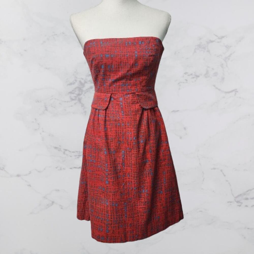 Anthropologie Size 4 TABITHA Crosshatch Dress Strapless Red Blue A Line